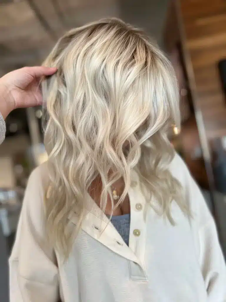 Close-up of a woman's blonde, wavy hair being styled or adjusted in a salon with a blurred background.